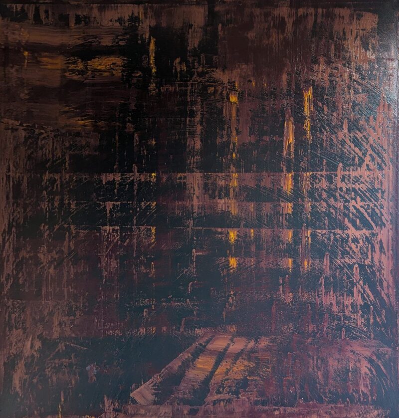 Bruised Fruit — abstract oil painting in progress; cross-hatched drags over deep maroon and black, with embers of amber showing through