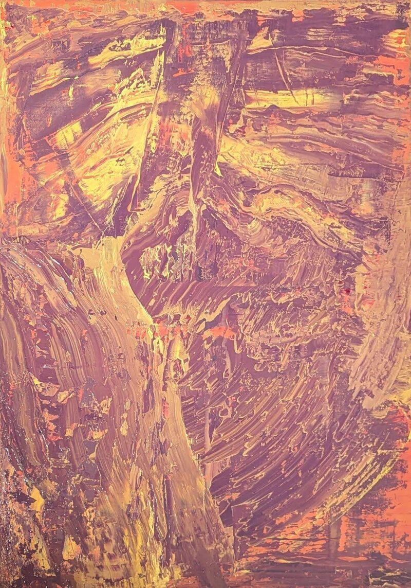 Buda — abstract oil painting; sweeping diagonal strokes of plum, gold, and orange with heavy brushed texture