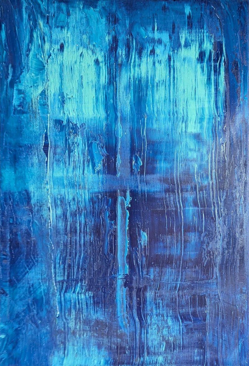 Fathom — abstract oil painting; cascading vertical pulls of luminous cyan over deep ultramarine and indigo shadow