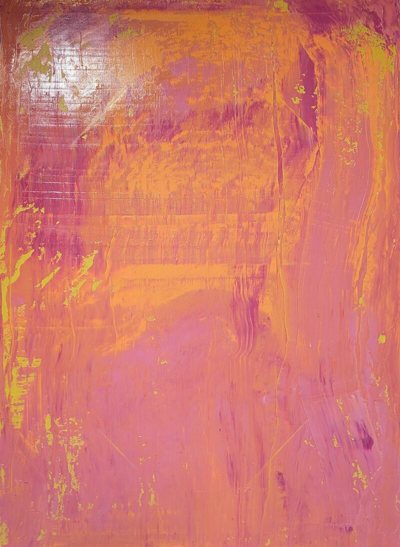 For Wren — abstract oil painting; a warm field of coral pink and orange with magenta shadows and chartreuse flecks at the edges