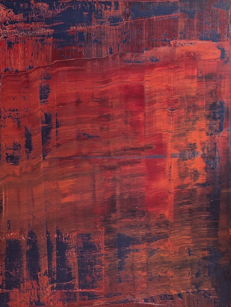 Hiraeth — abstract oil painting; vertical squeegee drags in deep crimson and rust orange over a near-black navy ground
