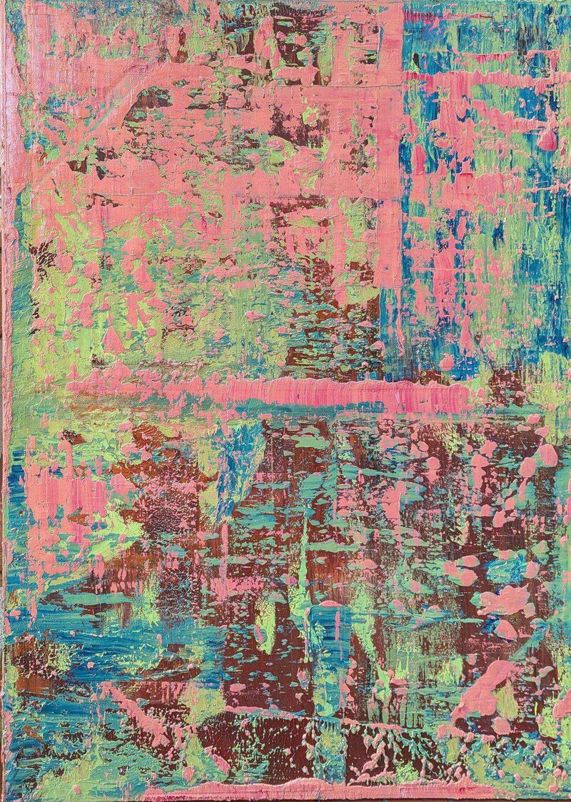 Turbo Flare — abstract oil painting; mottled scrapes of pink and lime green breaking open over patches of teal and oxblood