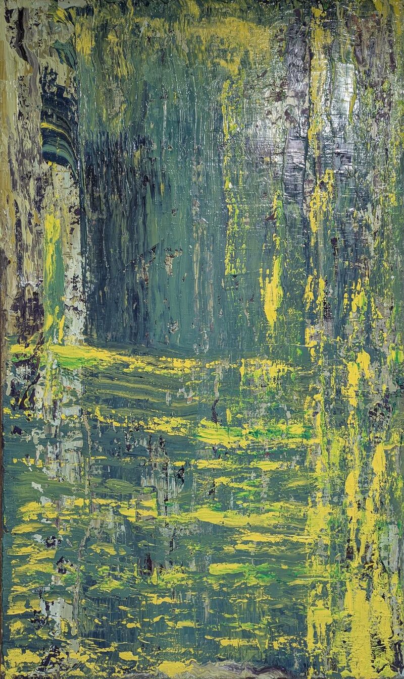 Virdi Gras — abstract oil painting; dapples of bright yellow over washed gray-green verticals, like light scattered on water