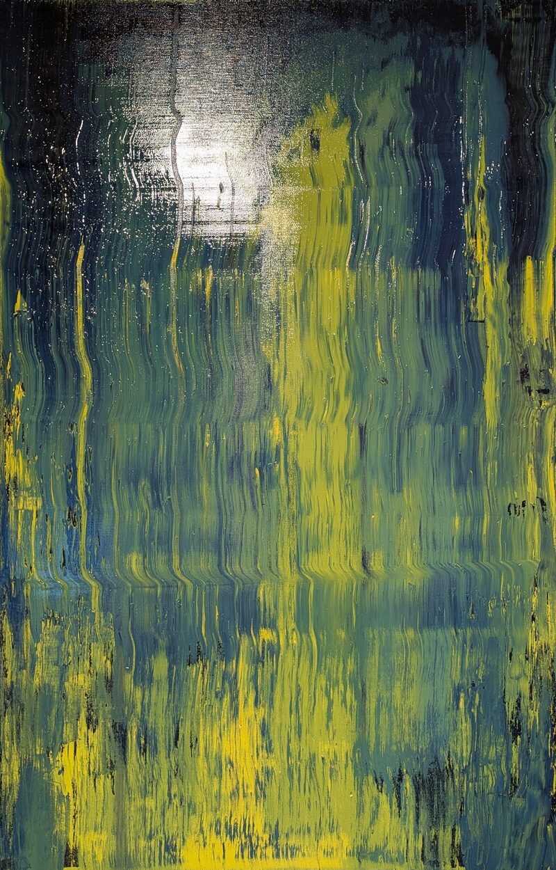 Viridis II — abstract oil painting in progress; rippled vertical pulls of yellow-green sinking into deep blue shadow