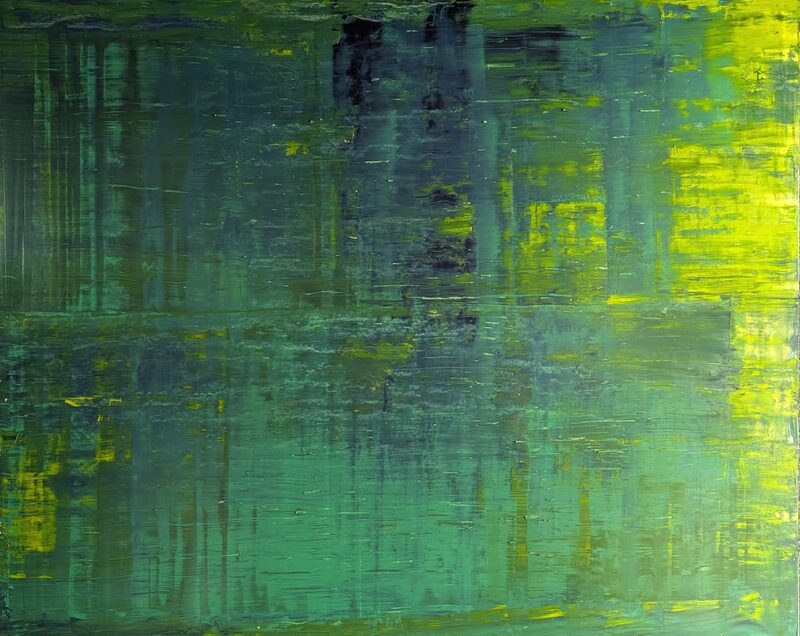 Viridis — abstract oil painting; horizontal squeegee layers of sea green and teal igniting into chartreuse yellow along the right edge