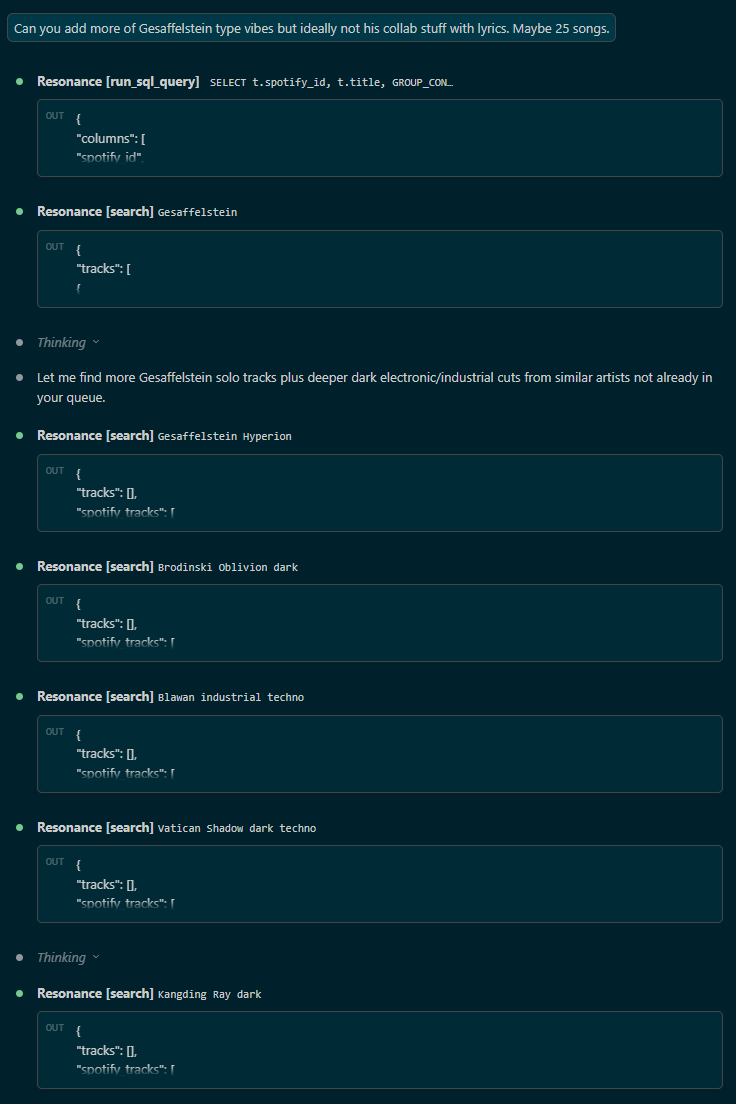 A conversational request for Gesaffelstein-style music, with the agent searching multiple artists and thinking through the request