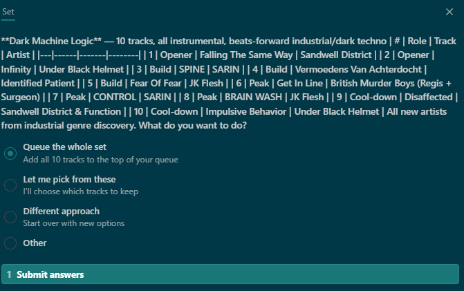 A curated set called Dark Machine Logic with 10 industrial dark techno tracks, each assigned a role in the set