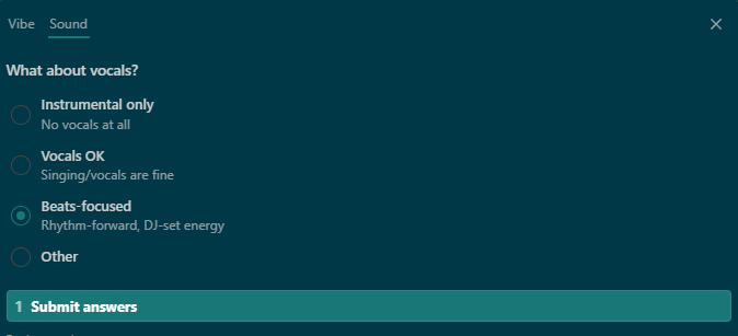 Sound preference with options: Instrumental only, Vocals OK, Beats-focused